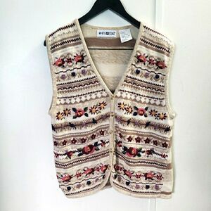 White Stag Floral Multi-colored Embroidered Knit Vest Grannycore Women's Size L